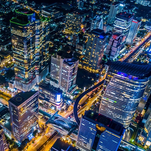 Image shows city at night from the sky
