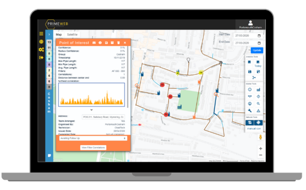 Primeweb cloud based data analytics for displaying leak locations in a water network